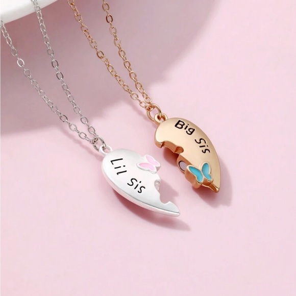 🎁2 FOR $15 2pcs Big & Lil Sis Butterfly & Heart Matte Gold & Silver Plated - Picture 1 of 4
